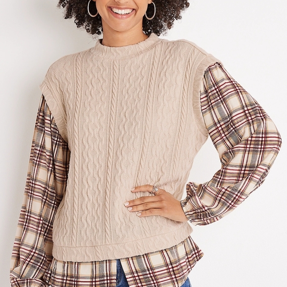 Plaid Sleeve Layered Mock Neck Top - Picture 8 of 8